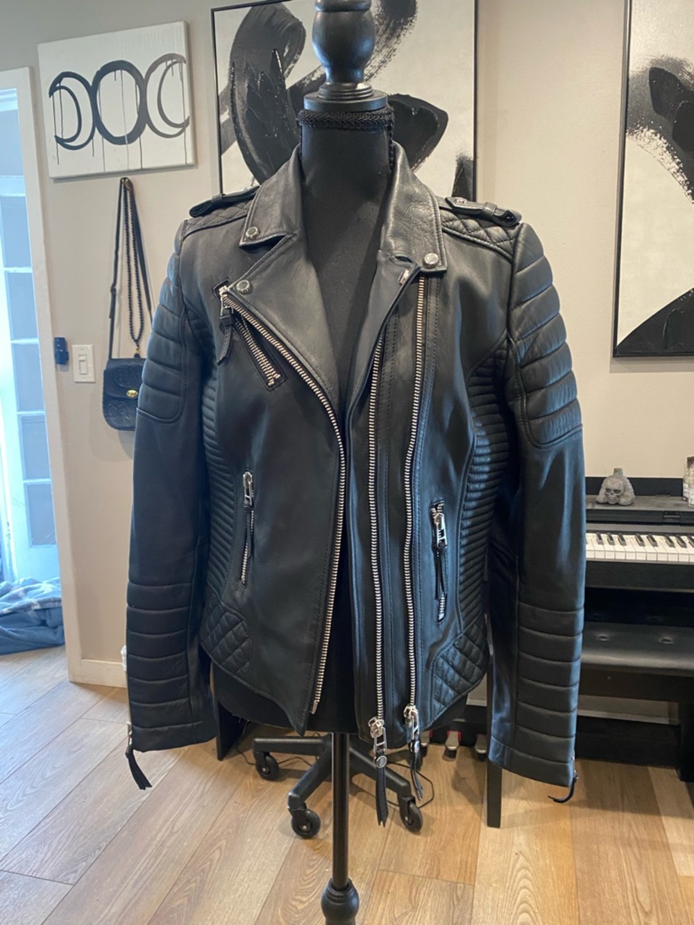 BODA SKINS Women's Black Quilted Leather Moto Jacket with Silver Hardware